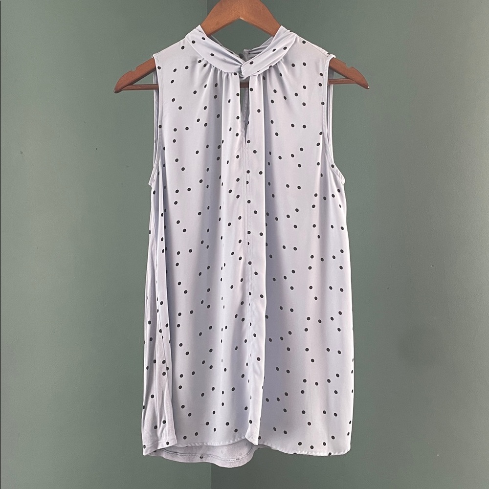 LOFT Sky Blue Blouse with Black Dots twist drape neck with keyhole detail